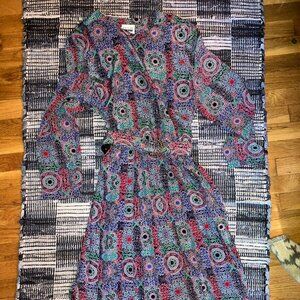 VTG 80s Dress Midi Pleated w/Belt Leslie Fay Multi Color Sundial Tribal 14P